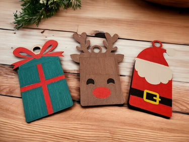Hand - Painted Christmas Gift Card Holders Set - Santa, Present, Reindeer - Ornament - Charm and Char